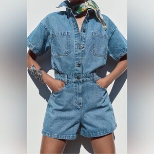 Zara Women’s Z1975 Short Sleeve Blue Denim Playsuit Romper Size Medium